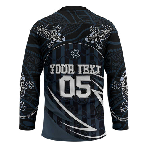 Custom Carlton Navy Hockey Jersey Captain With Aboriginal Art