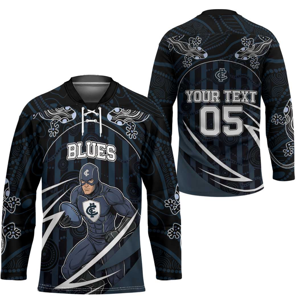 Custom Carlton Navy Hockey Jersey Captain With Aboriginal Art