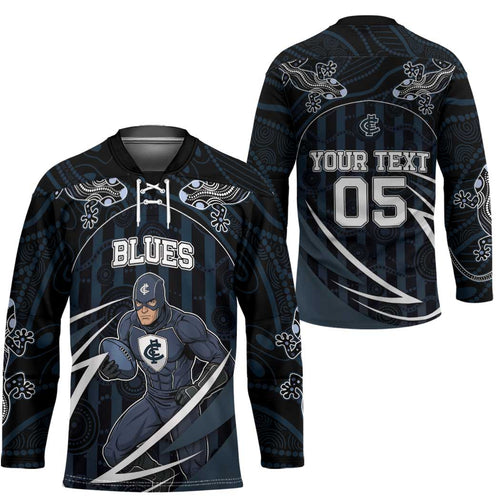 Custom Carlton Navy Hockey Jersey Captain With Aboriginal Art