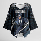 Custom Carlton Navy Kimono Sleeve Blouse Captain With Aboriginal Art