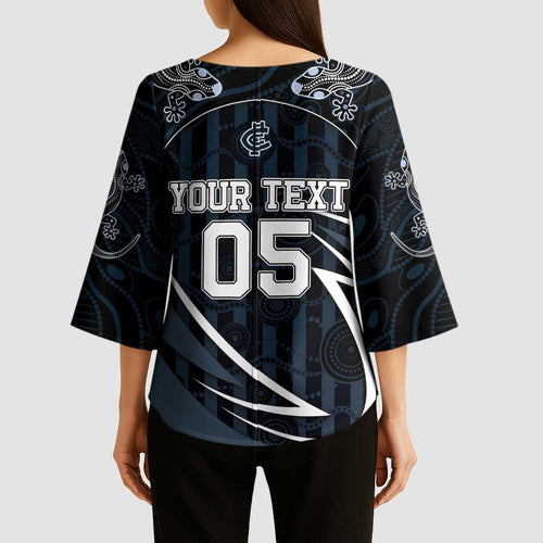Custom Carlton Navy Kimono Sleeve Blouse Captain With Aboriginal Art