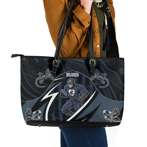 Carlton Navy Leather Tote Bag Captain With Aboriginal Art