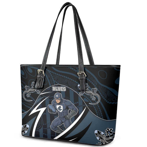 Carlton Navy Leather Tote Bag Captain With Aboriginal Art