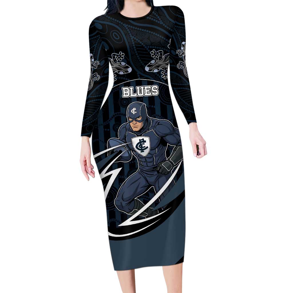 Custom Carlton Navy Long Sleeve Bodycon Dress Captain With Aboriginal Art