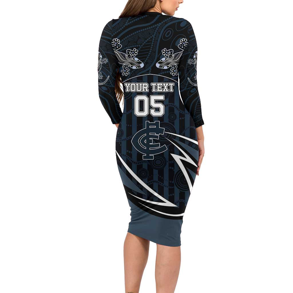 Custom Carlton Navy Long Sleeve Bodycon Dress Captain With Aboriginal Art