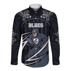 Custom Carlton Navy Long Sleeve Button Shirt Captain With Aboriginal Art
