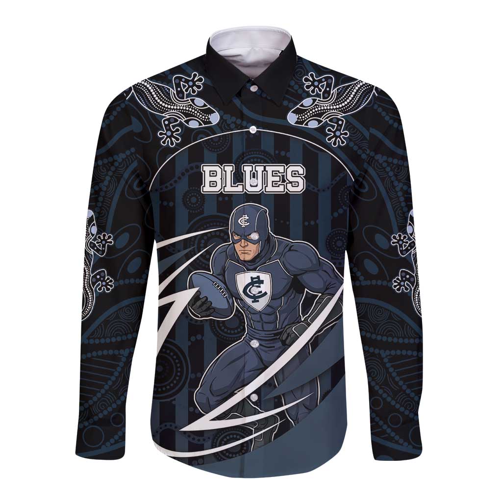 Custom Carlton Navy Long Sleeve Button Shirt Captain With Aboriginal Art