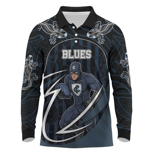 Custom Carlton Navy Long Sleeve Polo Shirt Captain With Aboriginal Art