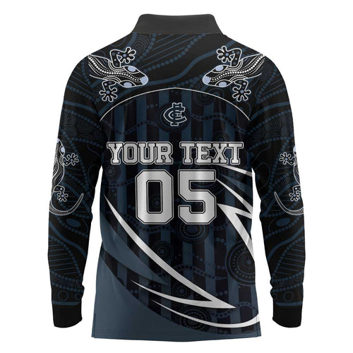 Custom Carlton Navy Long Sleeve Polo Shirt Captain With Aboriginal Art