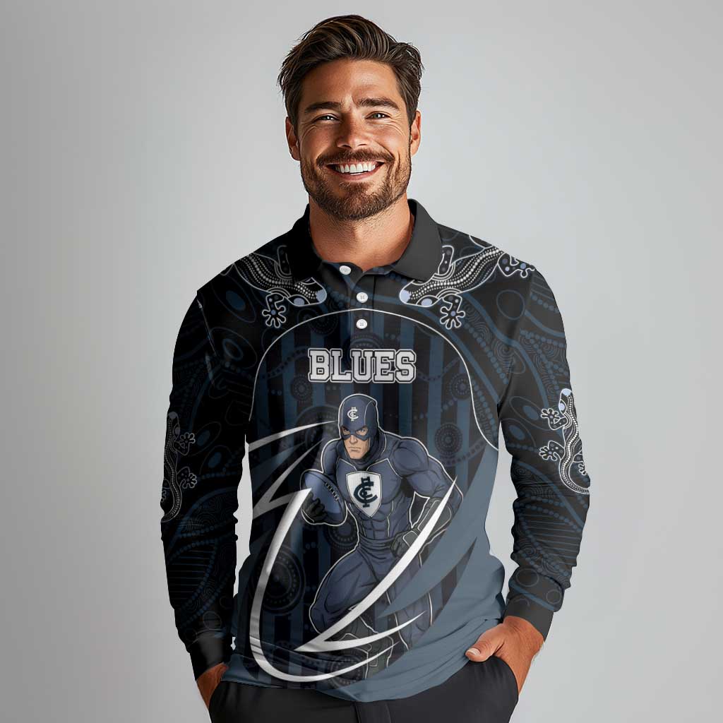Custom Carlton Navy Long Sleeve Polo Shirt Captain With Aboriginal Art