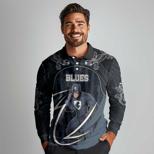 Custom Carlton Navy Long Sleeve Polo Shirt Captain With Aboriginal Art