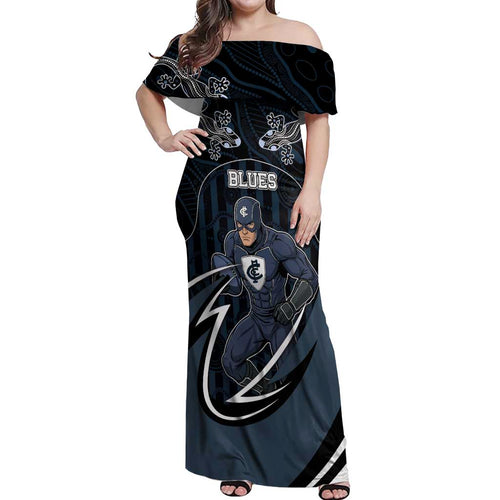 Custom Carlton Navy Off Shoulder Maxi Dress Captain With Aboriginal Art