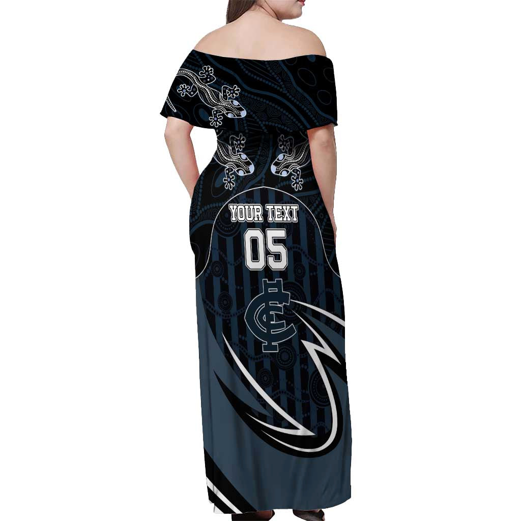 Custom Carlton Navy Off Shoulder Maxi Dress Captain With Aboriginal Art