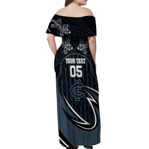 Custom Carlton Navy Off Shoulder Maxi Dress Captain With Aboriginal Art