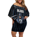 Custom Carlton Navy Off Shoulder Short Dress Captain With Aboriginal Art