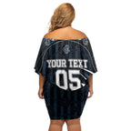 Custom Carlton Navy Off Shoulder Short Dress Captain With Aboriginal Art