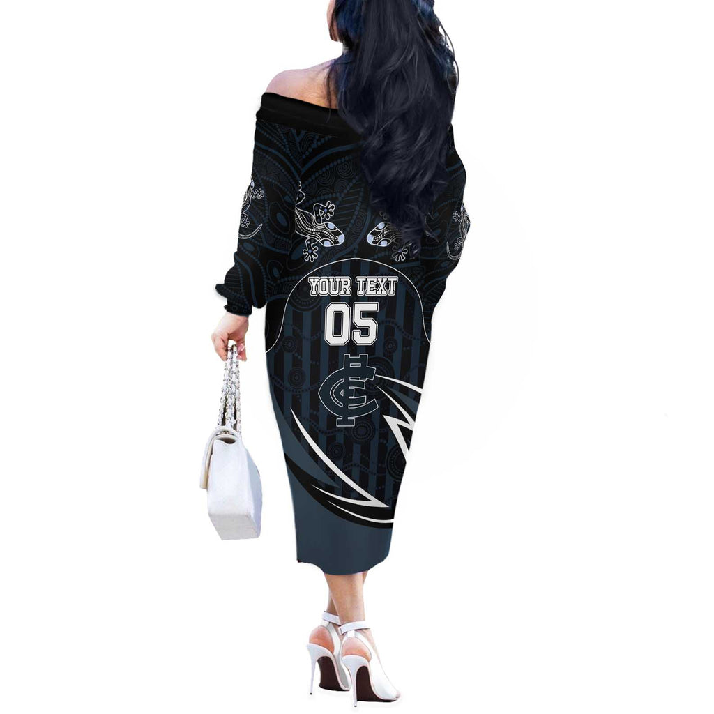 Custom Carlton Navy Off The Shoulder Long Sleeve Dress Captain With Aboriginal Art