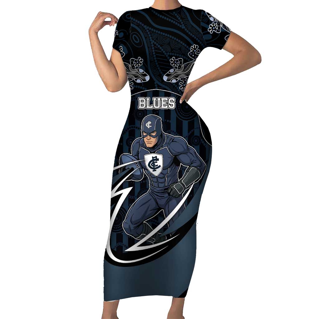 Custom Carlton Navy Short Sleeve Bodycon Dress Captain With Aboriginal Art