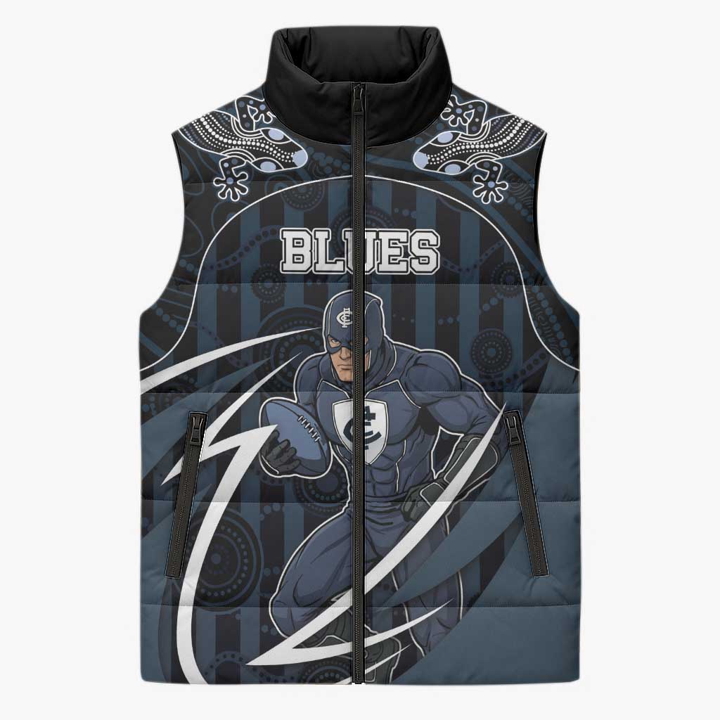 Custom Carlton Navy Sleeveless Puffer Jacket Captain With Aboriginal Art