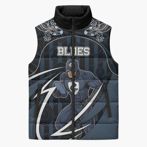 Custom Carlton Navy Sleeveless Puffer Jacket Captain With Aboriginal Art