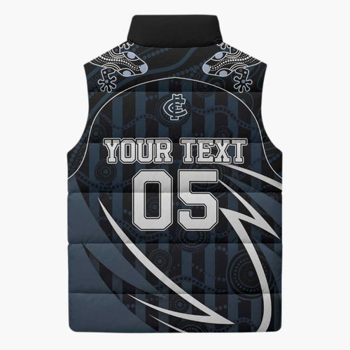 Custom Carlton Navy Sleeveless Puffer Jacket Captain With Aboriginal Art