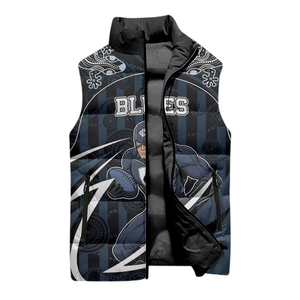 Custom Carlton Navy Sleeveless Puffer Jacket Captain With Aboriginal Art