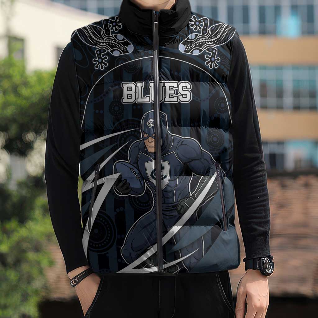 Custom Carlton Navy Sleeveless Puffer Jacket Captain With Aboriginal Art