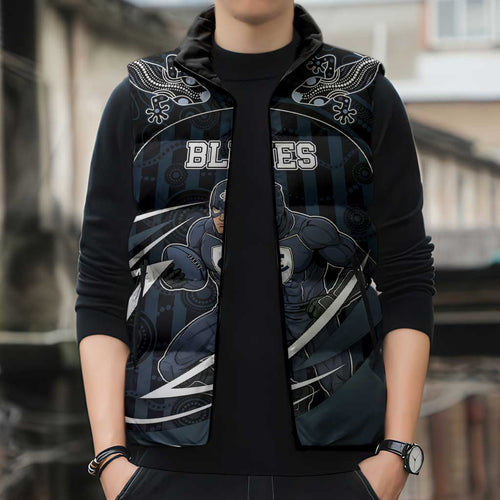 Custom Carlton Navy Sleeveless Puffer Jacket Captain With Aboriginal Art