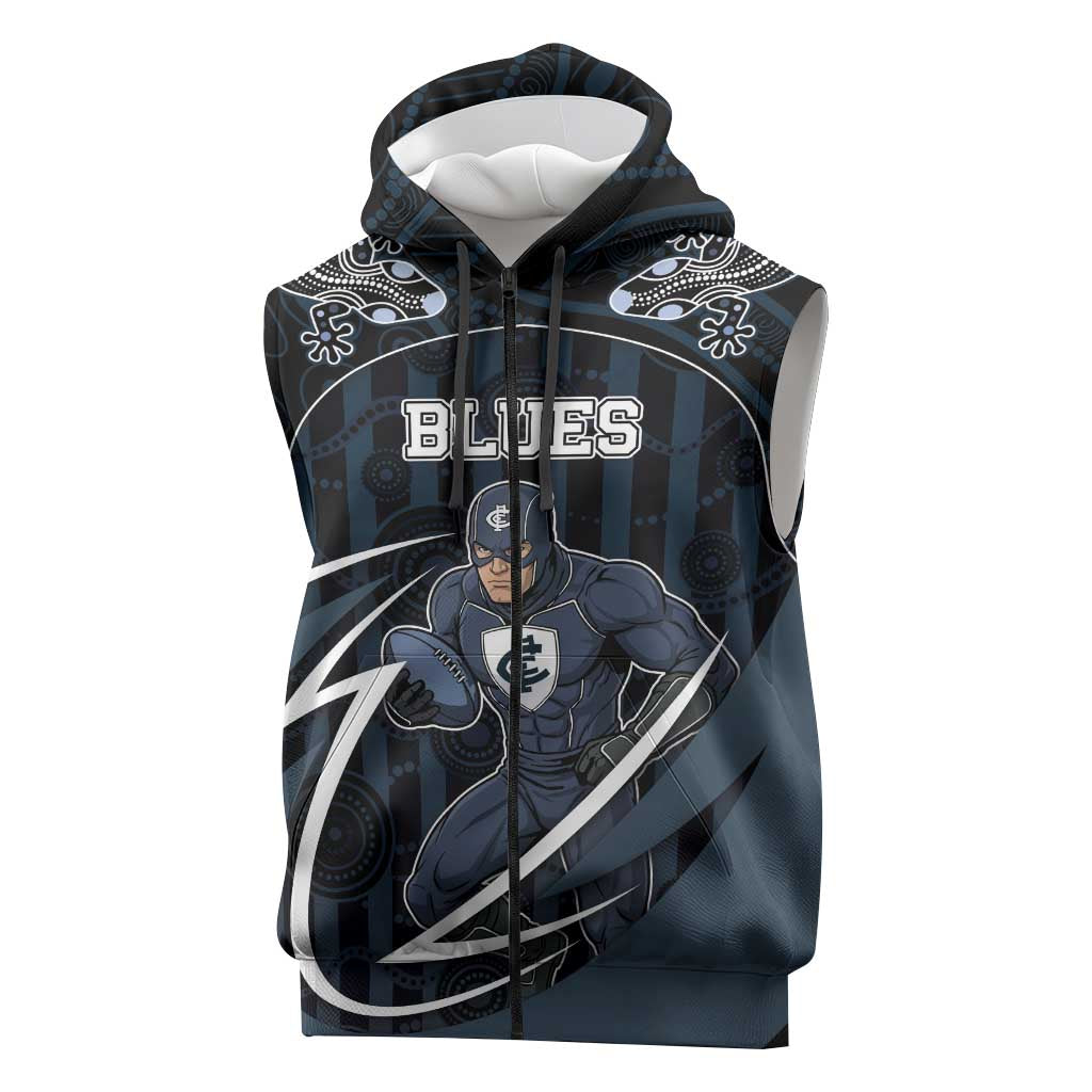 Custom Carlton Navy Sleeveless Zip Hoodie Captain With Aboriginal Art