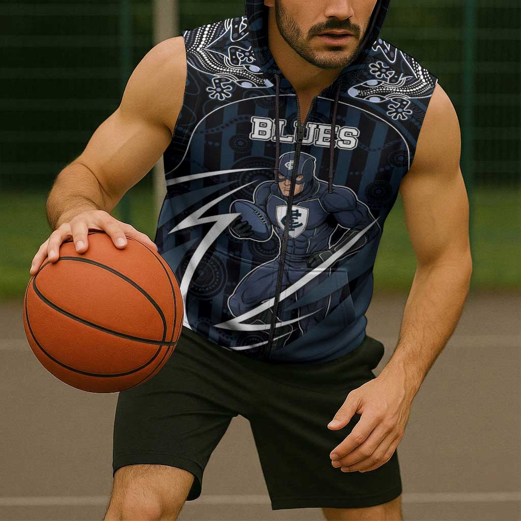 Custom Carlton Navy Sleeveless Zip Hoodie Captain With Aboriginal Art