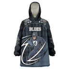 Custom Carlton Navy Wearable Blanket Hoodie Captain With Aboriginal Art