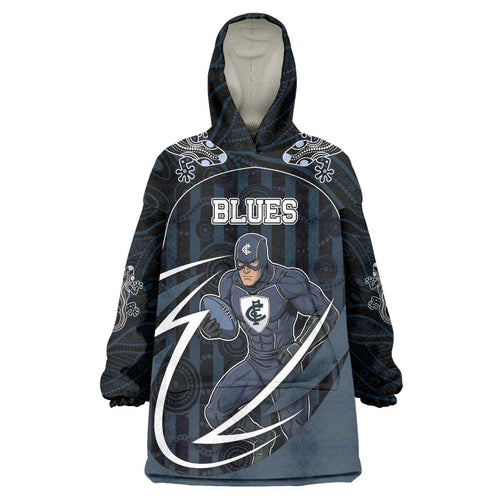 Custom Carlton Navy Wearable Blanket Hoodie Captain With Aboriginal Art
