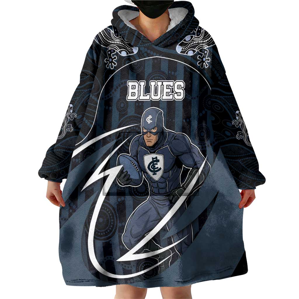 Custom Carlton Navy Wearable Blanket Hoodie Captain With Aboriginal Art