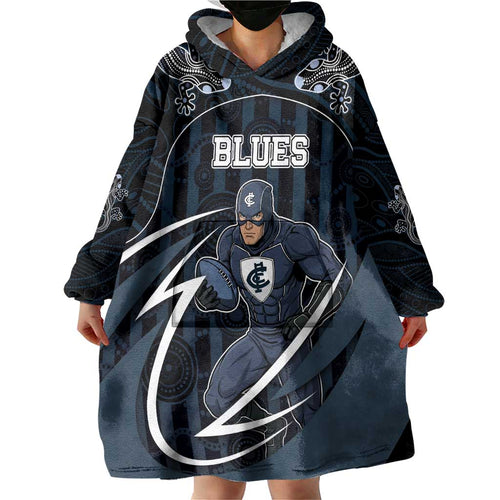 Custom Carlton Navy Wearable Blanket Hoodie Captain With Aboriginal Art