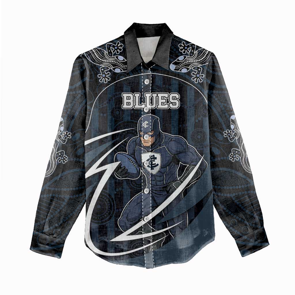 Custom Carlton Navy Women Casual Shirt Captain With Aboriginal Art