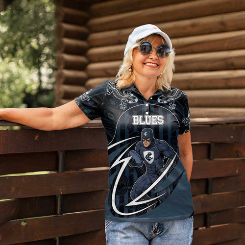 Custom Carlton Navy Women Polo Shirt Captain With Aboriginal Art