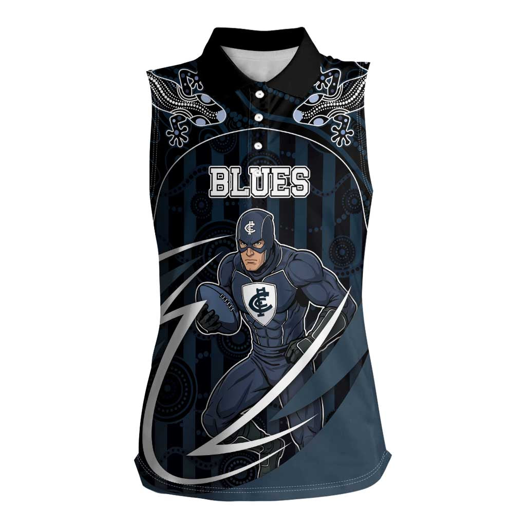 Custom Carlton Navy Women Sleeveless Polo Shirt Captain With Aboriginal Art