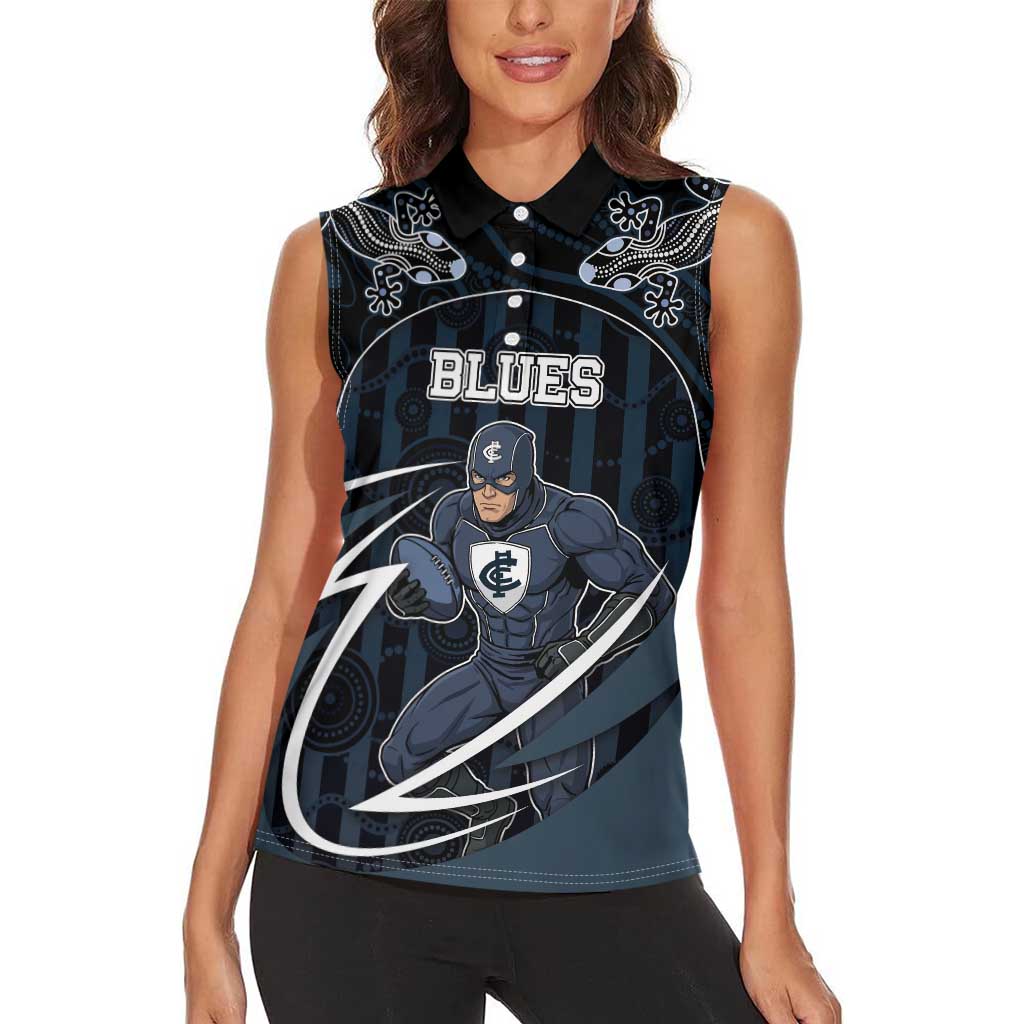 Custom Carlton Navy Women Sleeveless Polo Shirt Captain With Aboriginal Art