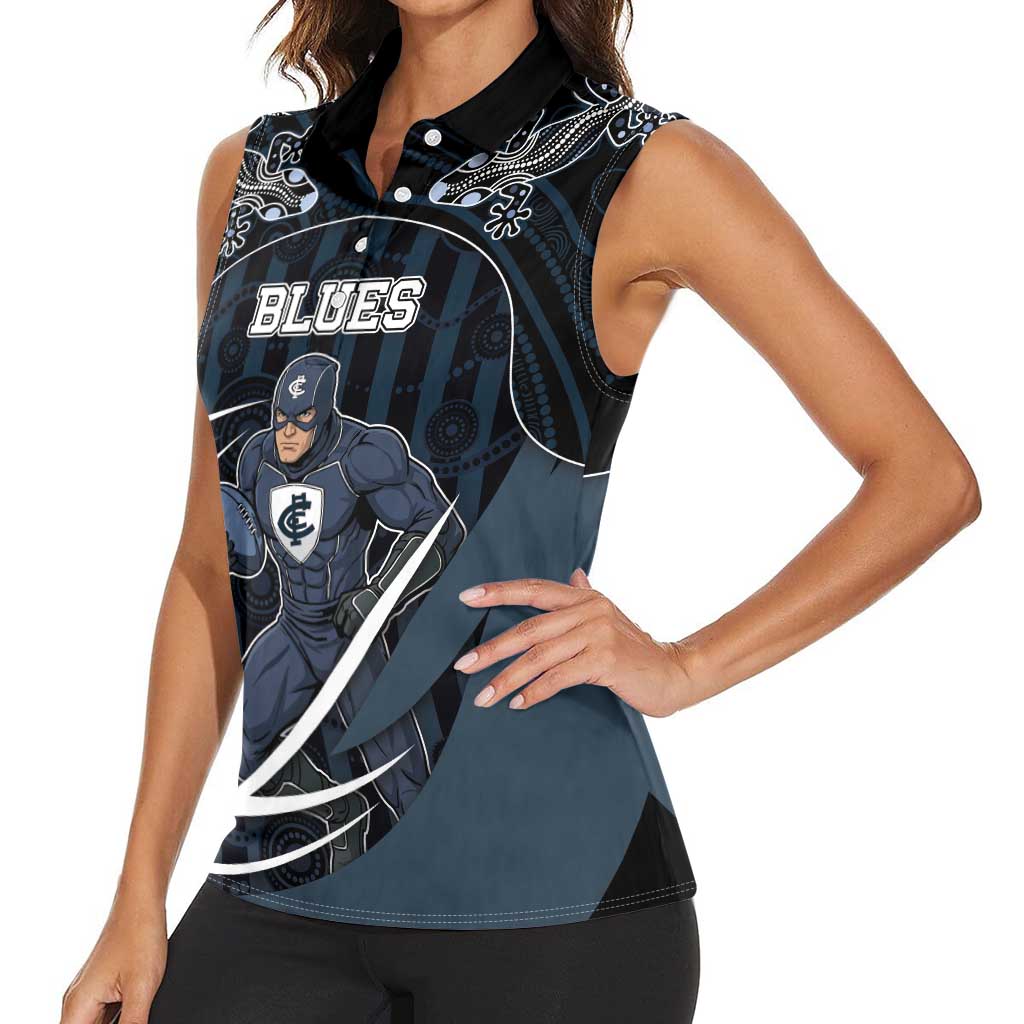 Custom Carlton Navy Women Sleeveless Polo Shirt Captain With Aboriginal Art