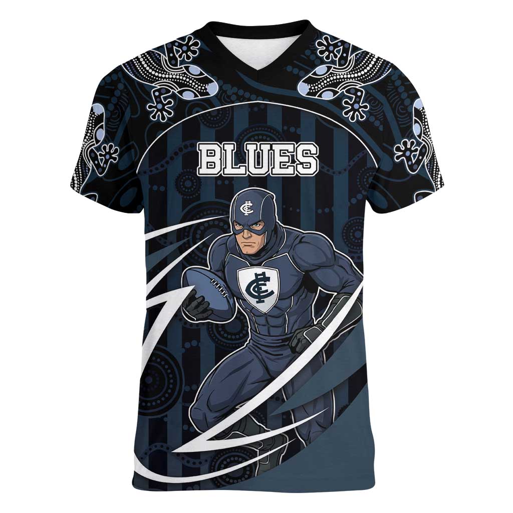 Custom Carlton Navy Women V-Neck T-Shirt Captain With Aboriginal Art