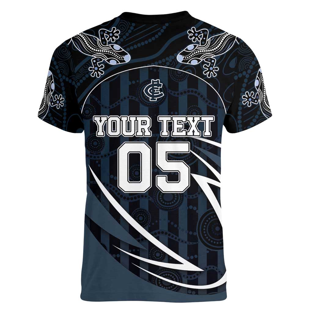Custom Carlton Navy Women V-Neck T-Shirt Captain With Aboriginal Art