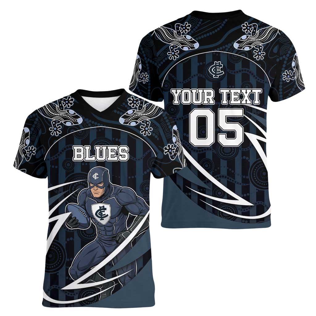 Custom Carlton Navy Women V-Neck T-Shirt Captain With Aboriginal Art