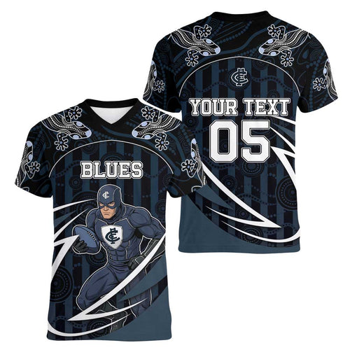 Custom Carlton Navy Women V-Neck T-Shirt Captain With Aboriginal Art
