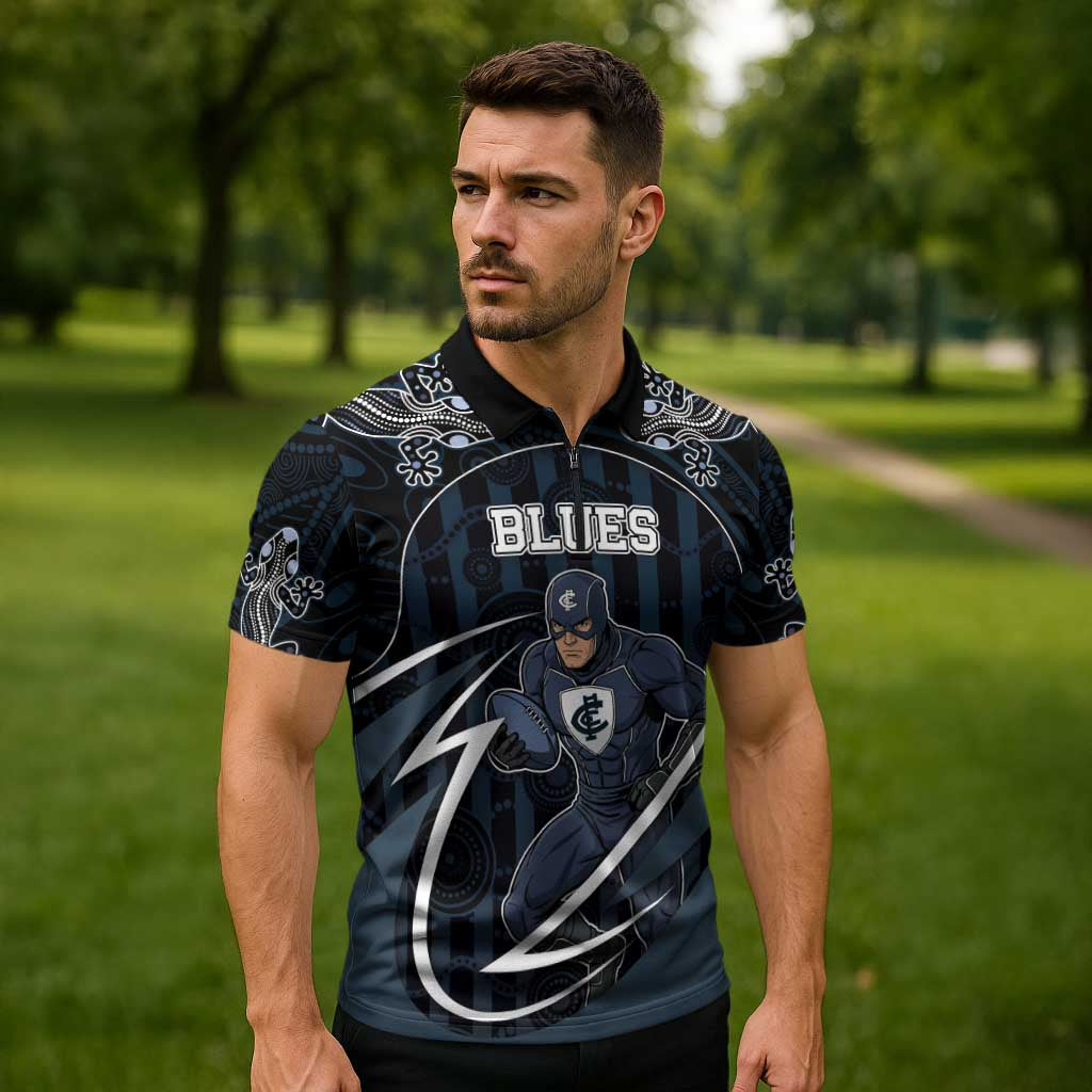 Custom Carlton Navy Zipper Polo Shirt Captain With Aboriginal Art