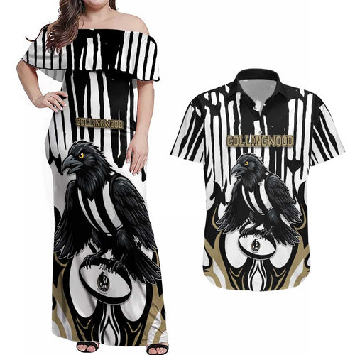 Custom Collingwood Black Couples Matching Off Shoulder Maxi Dress and Hawaiian Shirt Unique Style