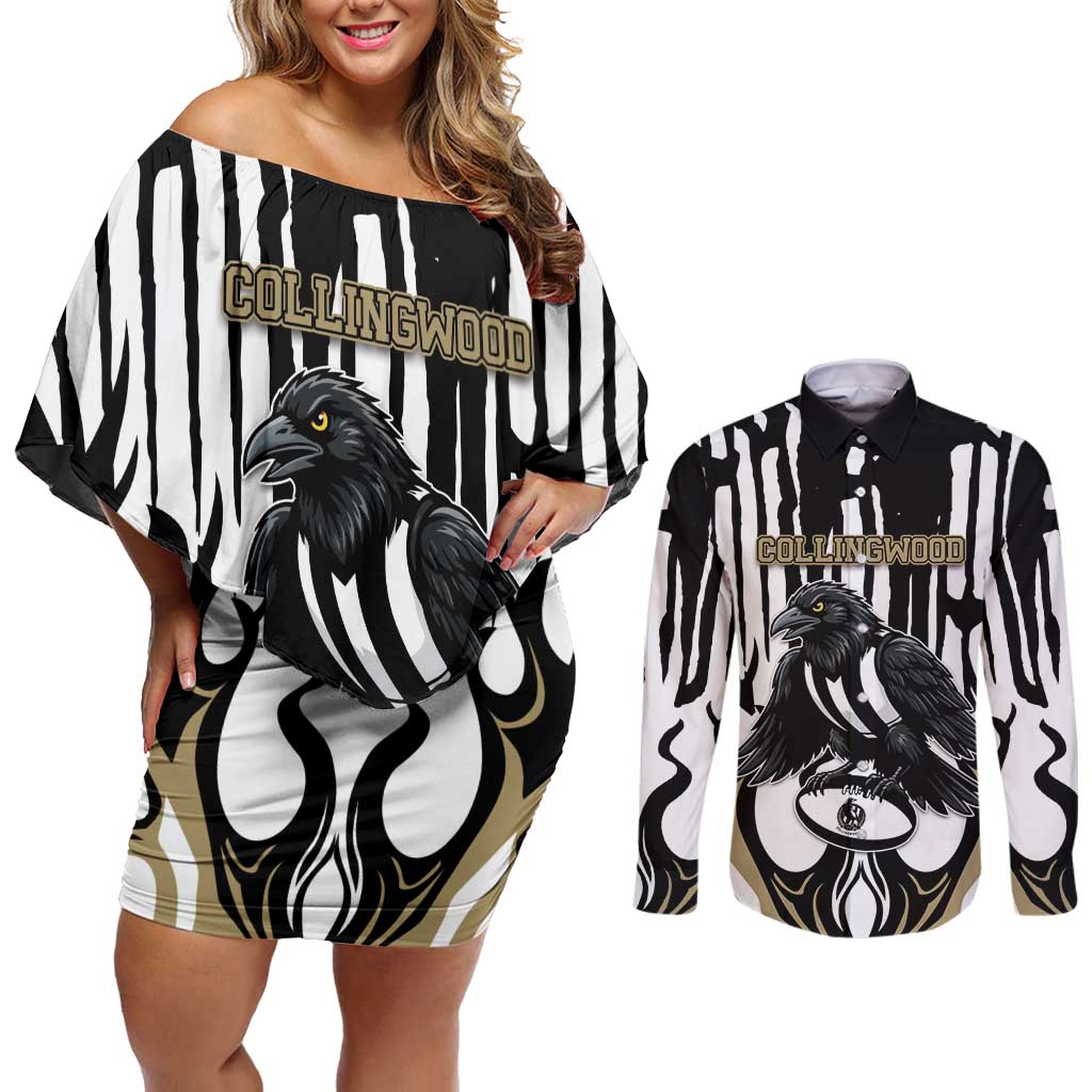 Custom Collingwood Black Couples Matching Off Shoulder Short Dress and Long Sleeve Button Shirt Unique Style