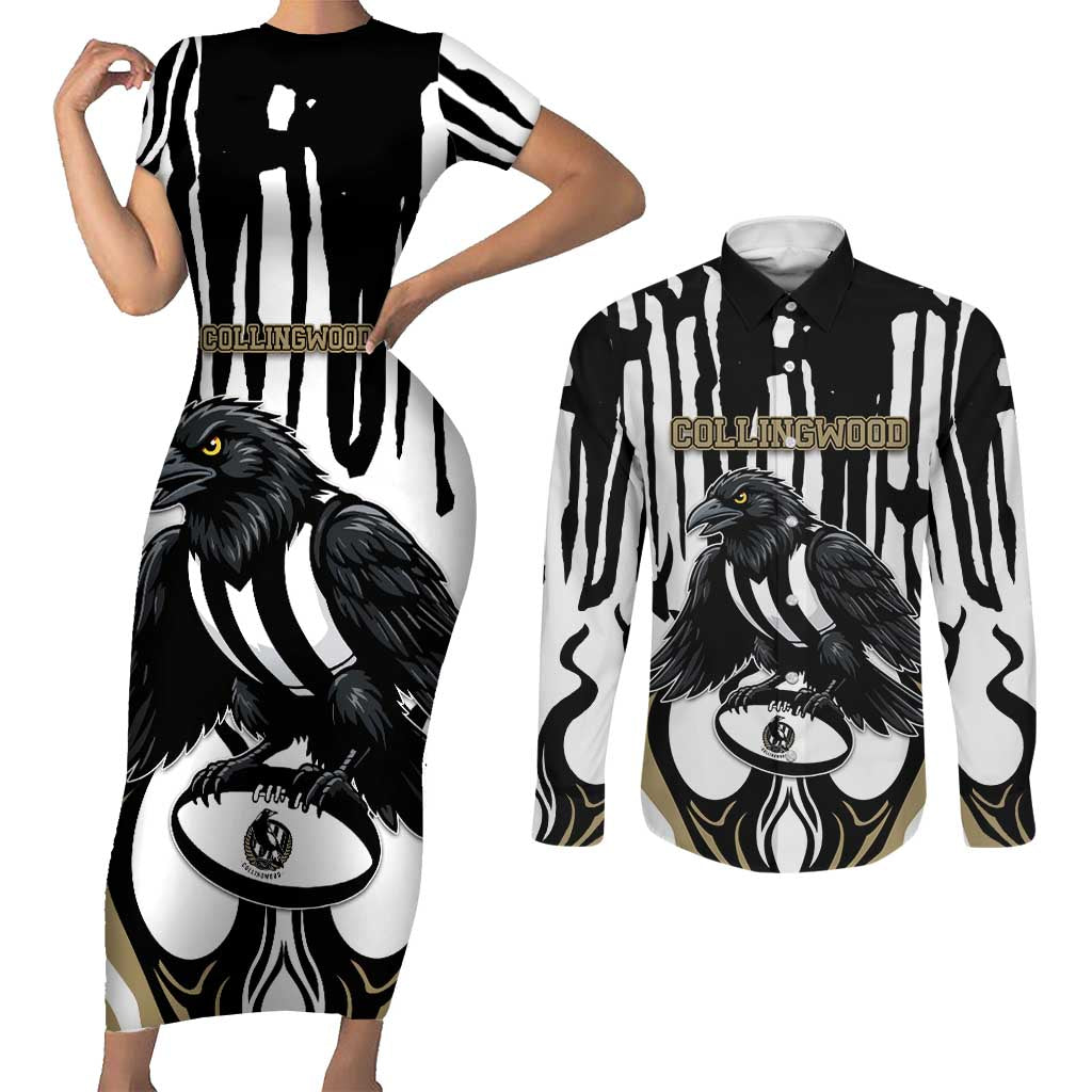 Custom Collingwood Black Couples Matching Short Sleeve Bodycon Dress and Long Sleeve Button Shirt Unique Style