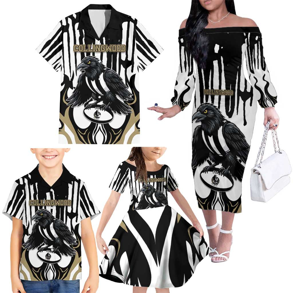 Custom Collingwood Black Family Matching Off The Shoulder Long Sleeve Dress and Hawaiian Shirt Unique Style