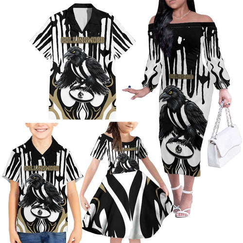 Custom Collingwood Black Family Matching Off The Shoulder Long Sleeve Dress and Hawaiian Shirt Unique Style