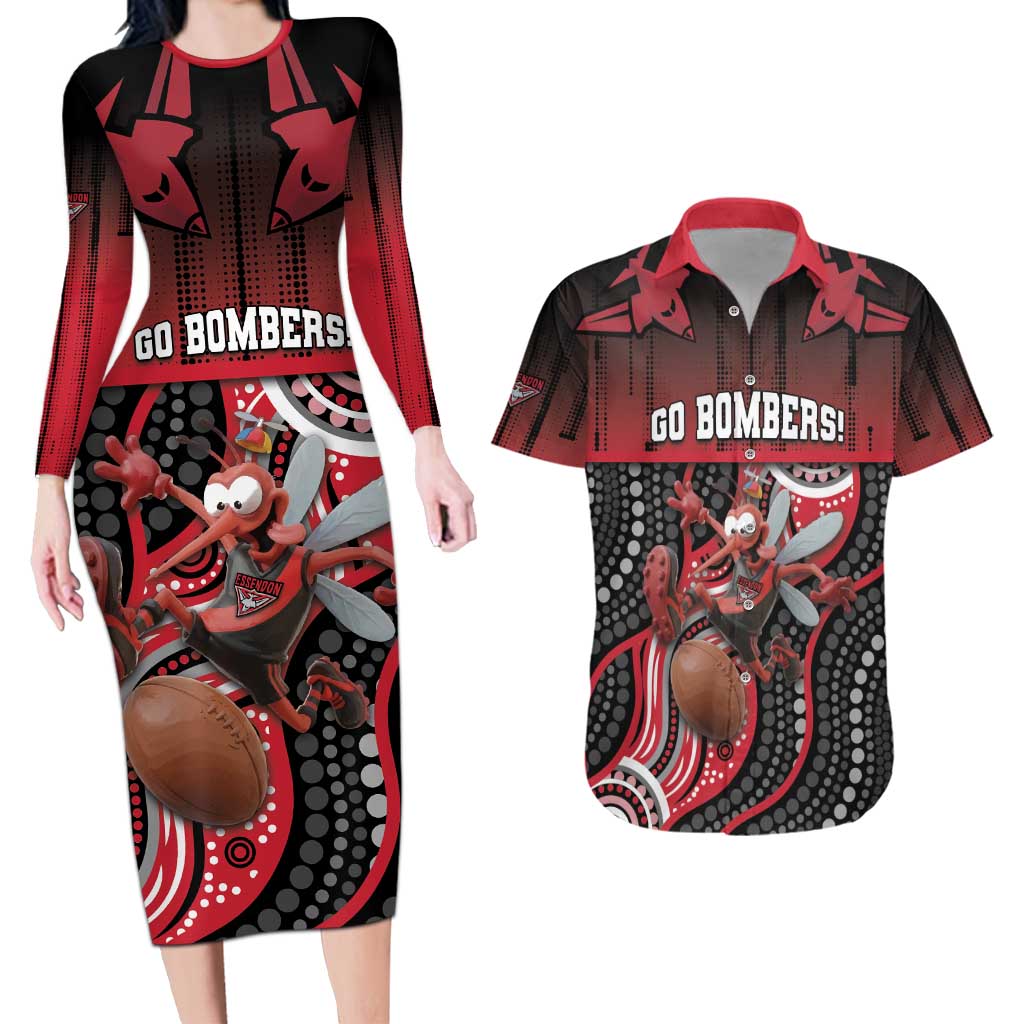 Custom Essendon Go Bombers Couples Matching Long Sleeve Bodycon Dress and Hawaiian Shirt Don The Sash